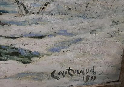 null Alfred COUTURAUD 1964-1922. Gand paysage de neige chaumière et paysanne en bord...