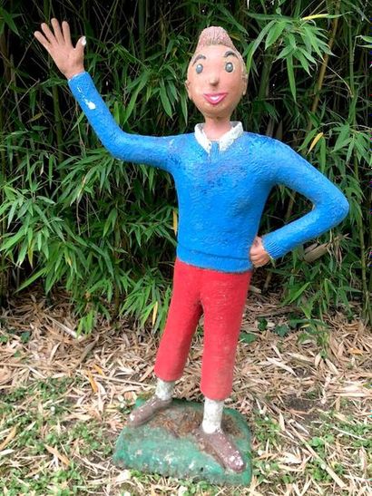 null Tintin et Milou, importante statue en ciment polychrome. Pièce unique réalisée...