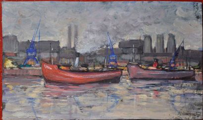 null A. VILLARET. Le port. Huile sur métal, signée en bas à droite. 16x27cm