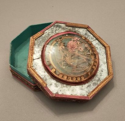 null Octagonal box in cardboard and paper, decorated with a mix of flowers and gold...