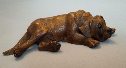 null Lying dog in wood, direct cut, piping work, eyes in sulphide - dimensions: 16...