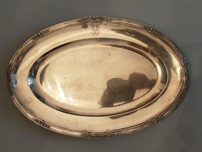 null Plat ovale en métal argenté, monogramme SM - Style Louis XVI - 46x31 cm
