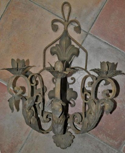 null Pair of wall lights in wrought iron and painted sheet metal with fleur-de-lys...
