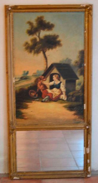 null Trumeau about little girl and dog, XIX°, Oil on canvas 142x67cm (Ht. painting...