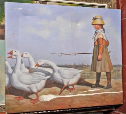 null HAMPTON, modern school. The goose keeper. Canvas (accidents) 50x60cm