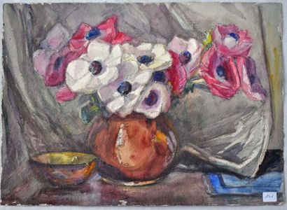 null Marie Thérèse DETHAN ROULLET. Vase fleurs. Aquarelle, cachet atelier. 28x39...