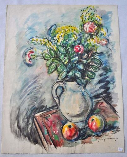 null Paul PAQUEREAU- Vase de fleurs. Aquarelle, signée en bas à droite. 65x51cm