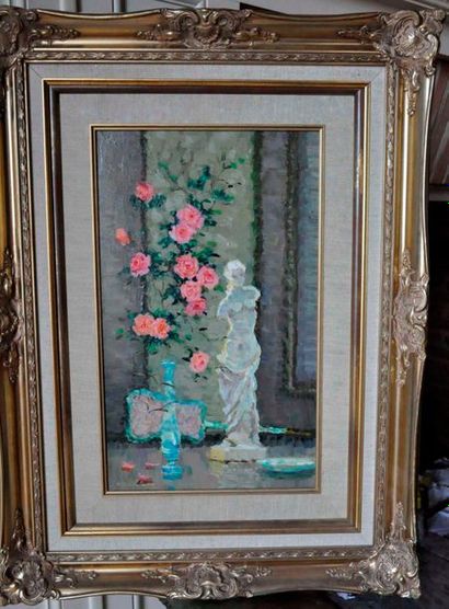 null Pierre BOUDET. Roses à la Venus de Milo. Oil on panel. Signed lower left. June...