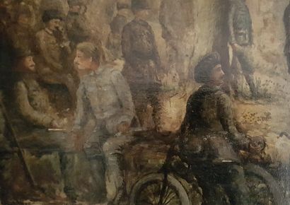 null French school. Scene of military band, victory of the Marne... Oil sketch on...