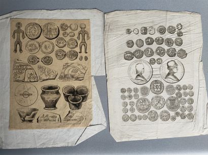 null Deux gravures anciennes - pièces de monnaies et objets antiques - 27x21 cm
