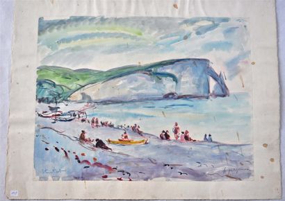 null Paul PAQUEREAU. Etretat. Watercolor. Signed lower right. 41x52cm