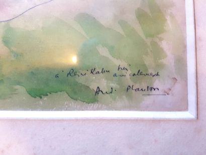 null André PLANSON 1898 - 1981. Paysage dédicacé. Aquarelle 47 cm x 62 cm à vue