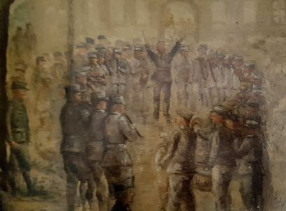 null French school. Scene of military band, victory of the Marne... Oil sketch on...