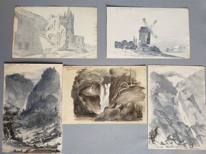 null Five watercolor drawings of travels, located and dated - 20x14 cm