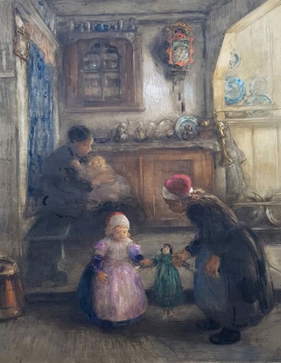 null CHARLET Frantz 1862-1928. Enfants à la poupée. Gravure rehaussée de gouache...