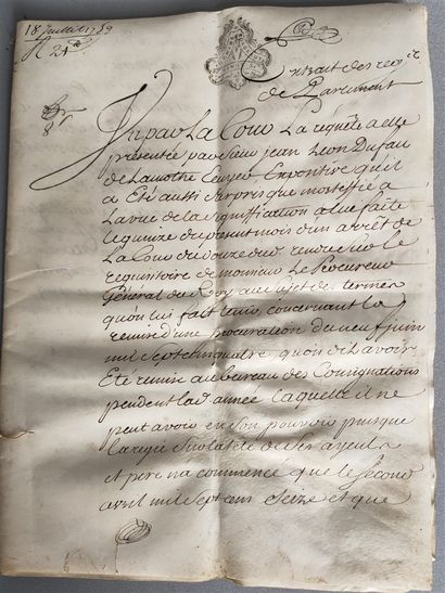 null Document manuscrit sur 4 pages sur vélin - 18 Juillet 1759