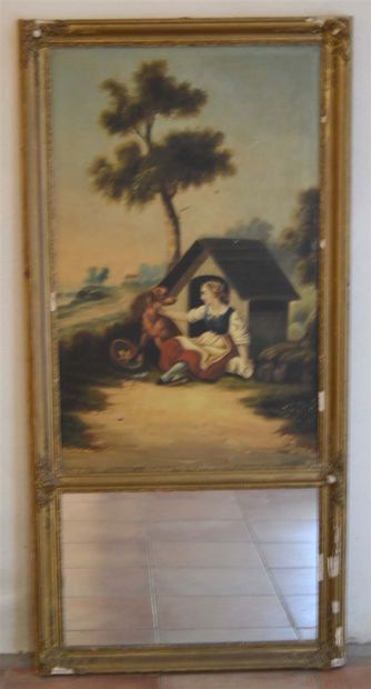 null Trumeau about little girl and dog, XIX°, Oil on canvas 142x67cm (Ht. painting...