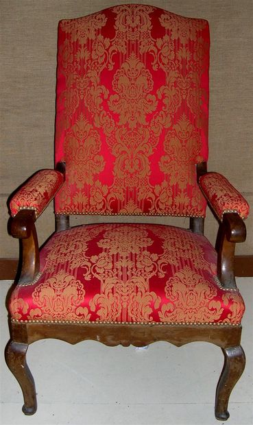 null Moulded natural wood armchair with curved base. Red damask upholstery in good...