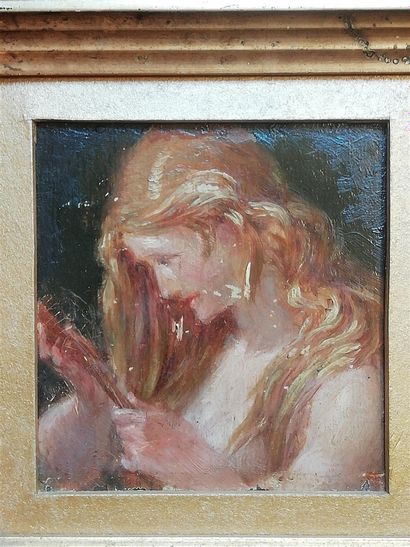 null French school of the early 1900s. Young woman with a mirror. Oil on unsigned...