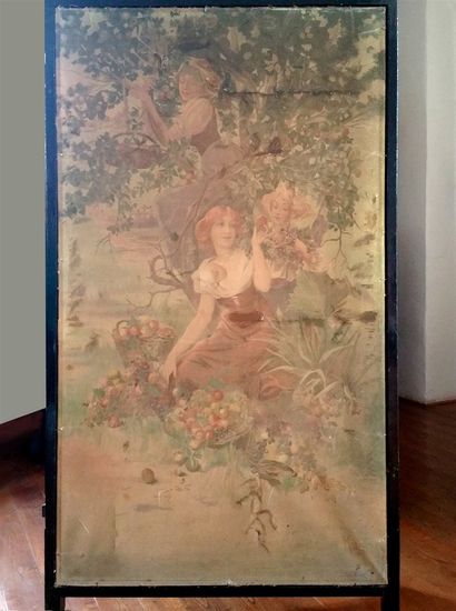 null Screen with 2 sheets with 2 lithographs on canvas by Alphonse MUCHA with elegant...