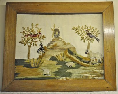 null Panneau en tissu brodé à sujet de scène pastorale, vers 1830. 30x40cm