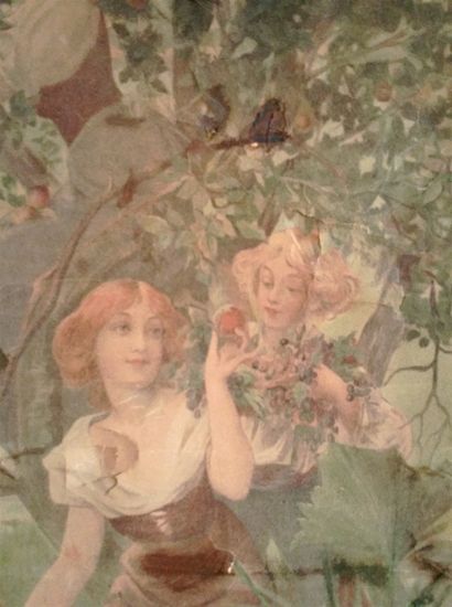 null Paravent à 2 feuilles avec 2 lithographies sur toile d'Alphonse MUCHA à décor...