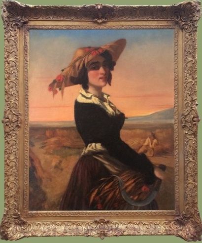null Ecole Française du XIXe siècle Femme au chapeau de paille à la fenaison Huile...