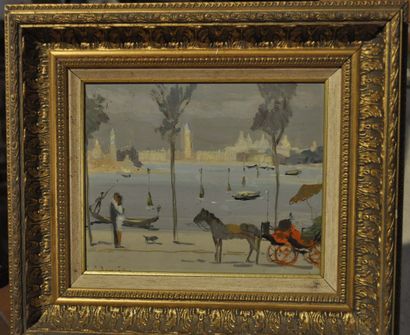 null Pierre BOUDET. Venice, the lido, 1972. Oil on panel, signed lower left, 23,5x27...