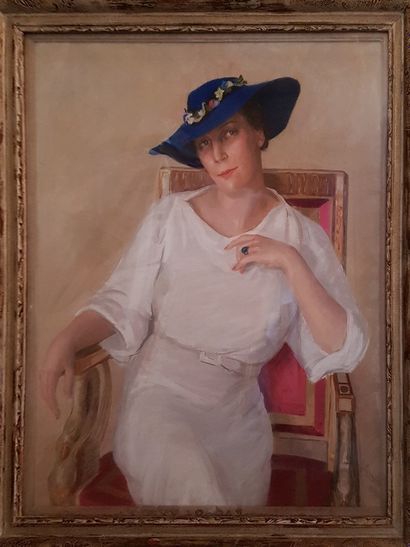 null J. CERNAISE - XIX°/XX°. Portrait de femme au chapeau bleu. Pastel 98 cm x 78...