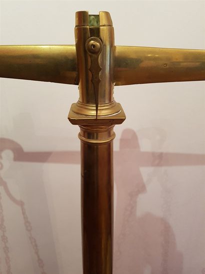 null Large 19th century brass column scale with flail and equal arms. Height. 76...