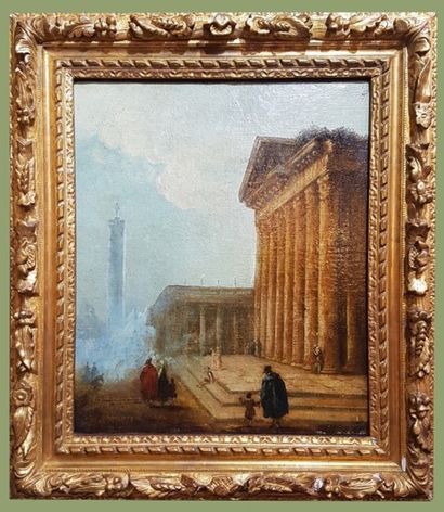 null Ecole Italienne du XVIIIe siècle. Devant le temple. Huile sur toile 55 x 46...