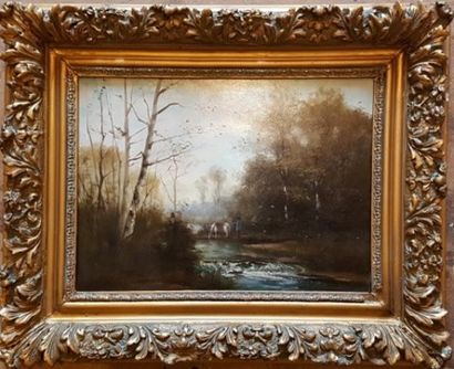 null French school of the 19th century. Oil on mahogany panel animated landscape...