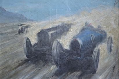 BUGATTI 
French school. Bugatti in a race. Oil on canvas. Signed lower right. 50...