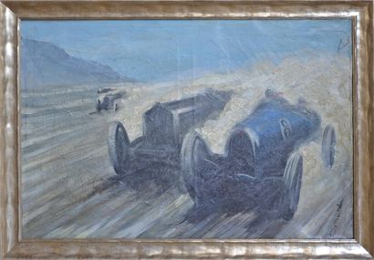 BUGATTI French school. Bugatti in a race. Oil on canvas. Signed lower right. 50x...