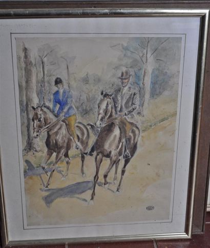 null Marcelle MAUGUIN. The riders. Watercolour, studio stamp, 50x38cm