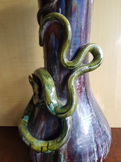 null Large Barbotine vase with snake and frog decoration, approx. 55 cm high, good...