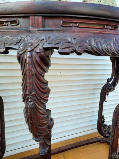 null China 20th century console in ironwood richly carved with marble top. Width...