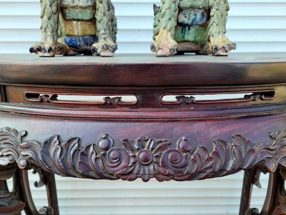 null China 20th century console in ironwood richly carved with marble top. Width...