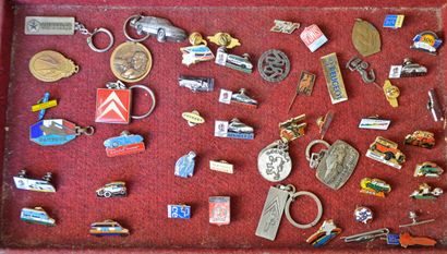 Lot of about 50 car parts: key rings, badges;...