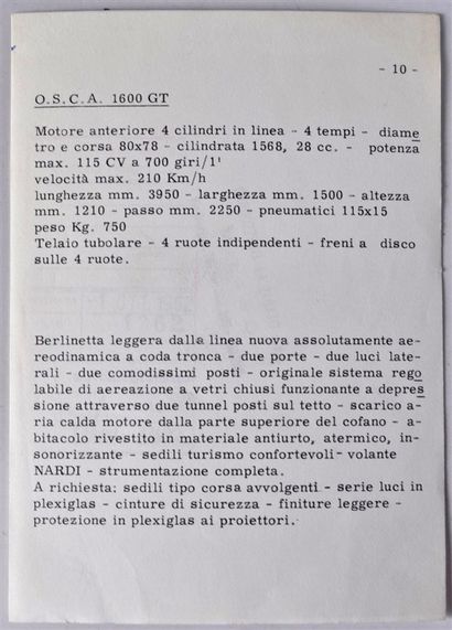 null OSCA 1600 GT Zagato. Photo Carrozzeria Zagato 1962. 13 x 18cm