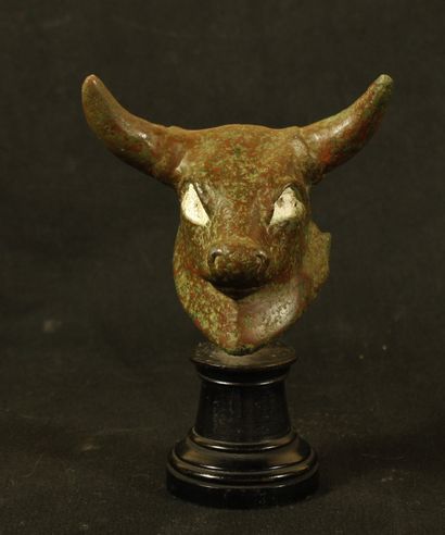 null Head of a bull in bronze with large transverse horns whose eyes are inlaid with...