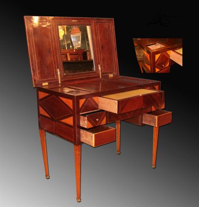 null Rare writing table with a mahogany and mahogany, rosewood and lemon tree veneer...