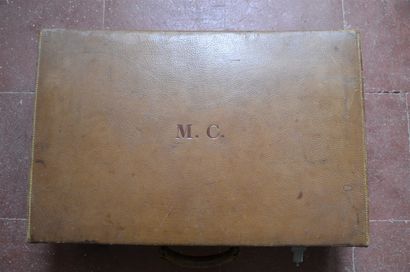 null Maurice Chevalier leather suitcase, marked with his initials, engraved glass...