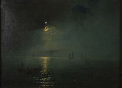 null 
École d'Ivan AÏVAZOVSKY (1817-1900) Pêcheurs au clair de lune. Huile sur toile,...