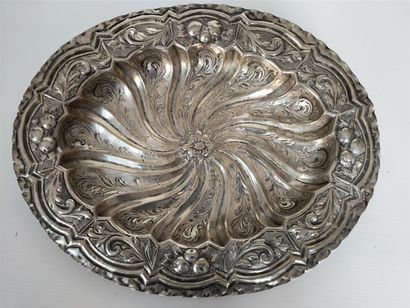 Silver dish chased with scrolls, flowers...