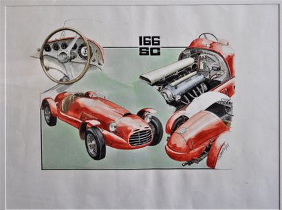 null J. BRAUER. Ferrari 166SC, aquarelle signée en bas à droite (40x40cm)