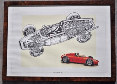  Lot de 5 pièces encadrées, Formules 1 Ferrari années 1960 (37x52cm)