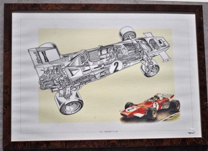 null Lot de 7 pièces encadrées, Formules 1 Ferrari années 1970 (37x52cm)