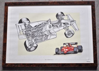  Lot de 5 pièces encadrées, Formules 1 Ferrari années 1980 (37x52cm)