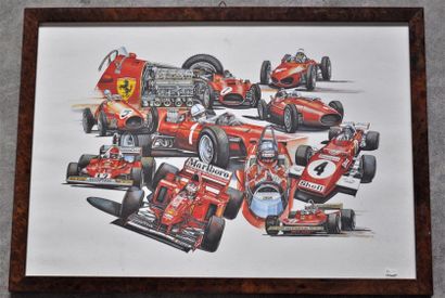 null Lot de 5 pièces encadrées, Formules 1 Ferrari années 1990 (37x52cm)
